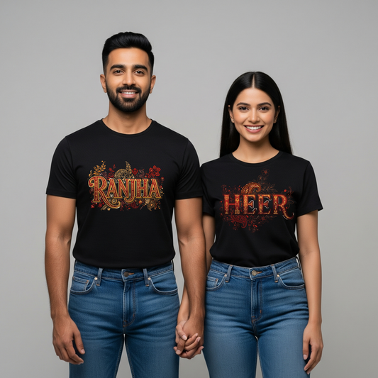 Heer ❤️ Ranjha Matching Couple Tees – Classic Desi Love Vibes