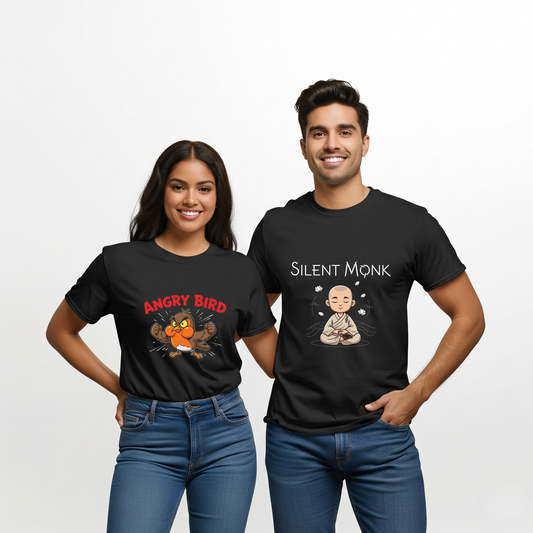Angry Bird & Silent Monk T-shirt — Quirky Duo Graphic Tee for All Ages