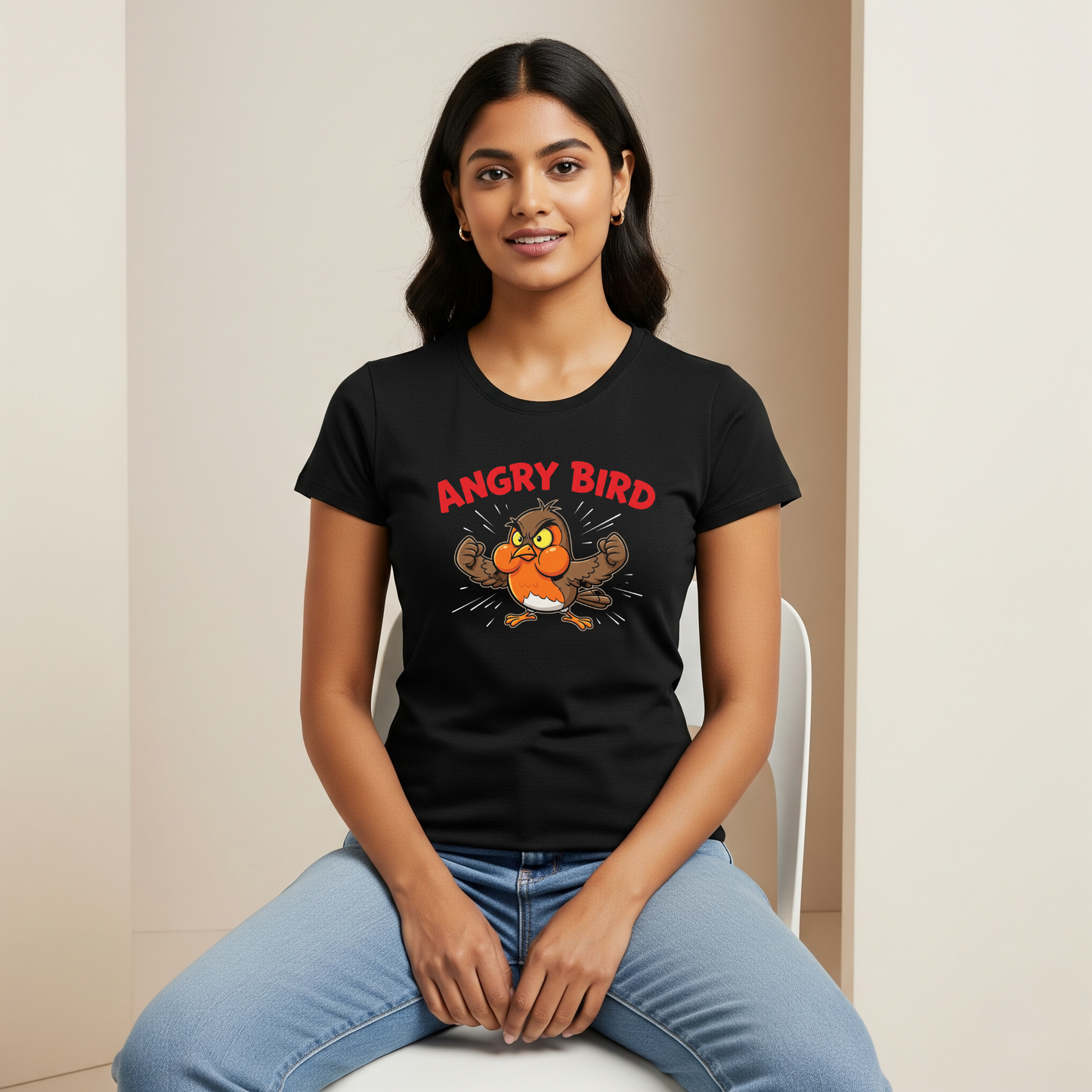 Angry Bird & Silent Monk T-shirt — Quirky Duo Graphic Tee for All Ages
