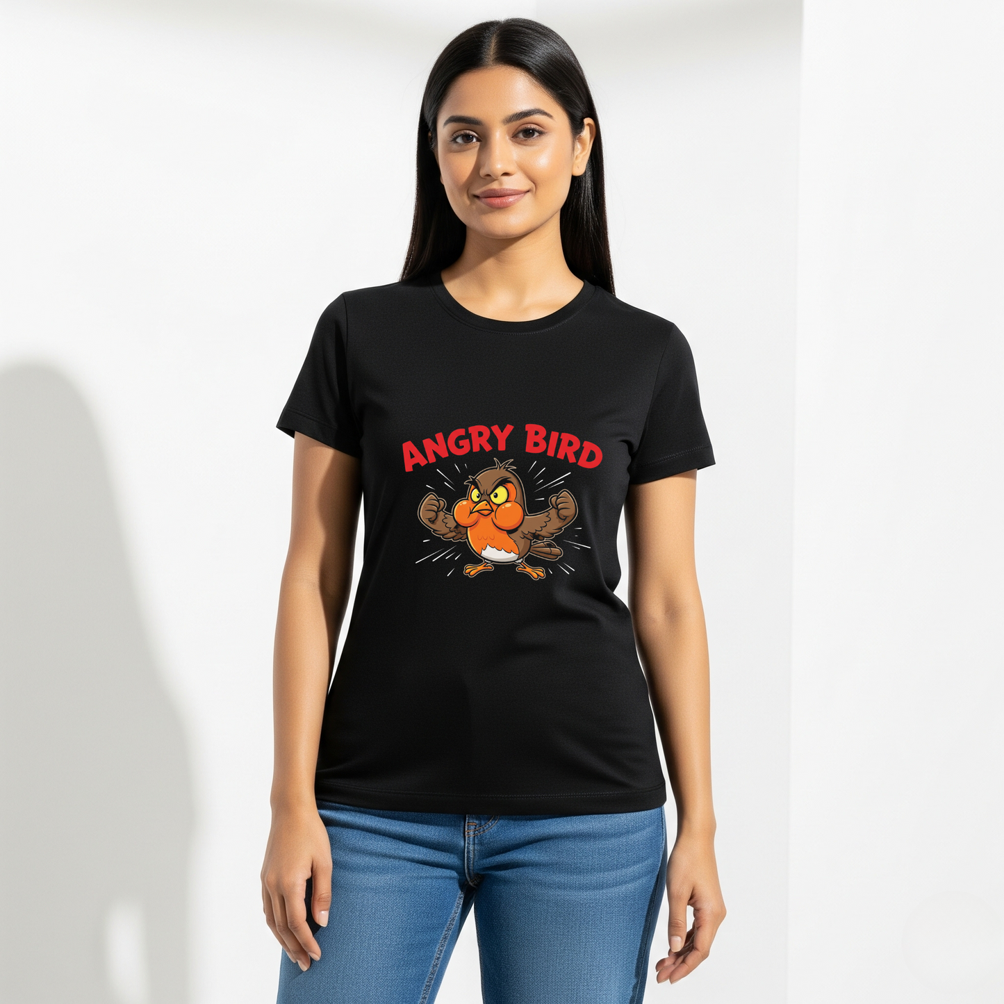 Angry Bird & Silent Monk T-shirt — Quirky Duo Graphic Tee for All Ages