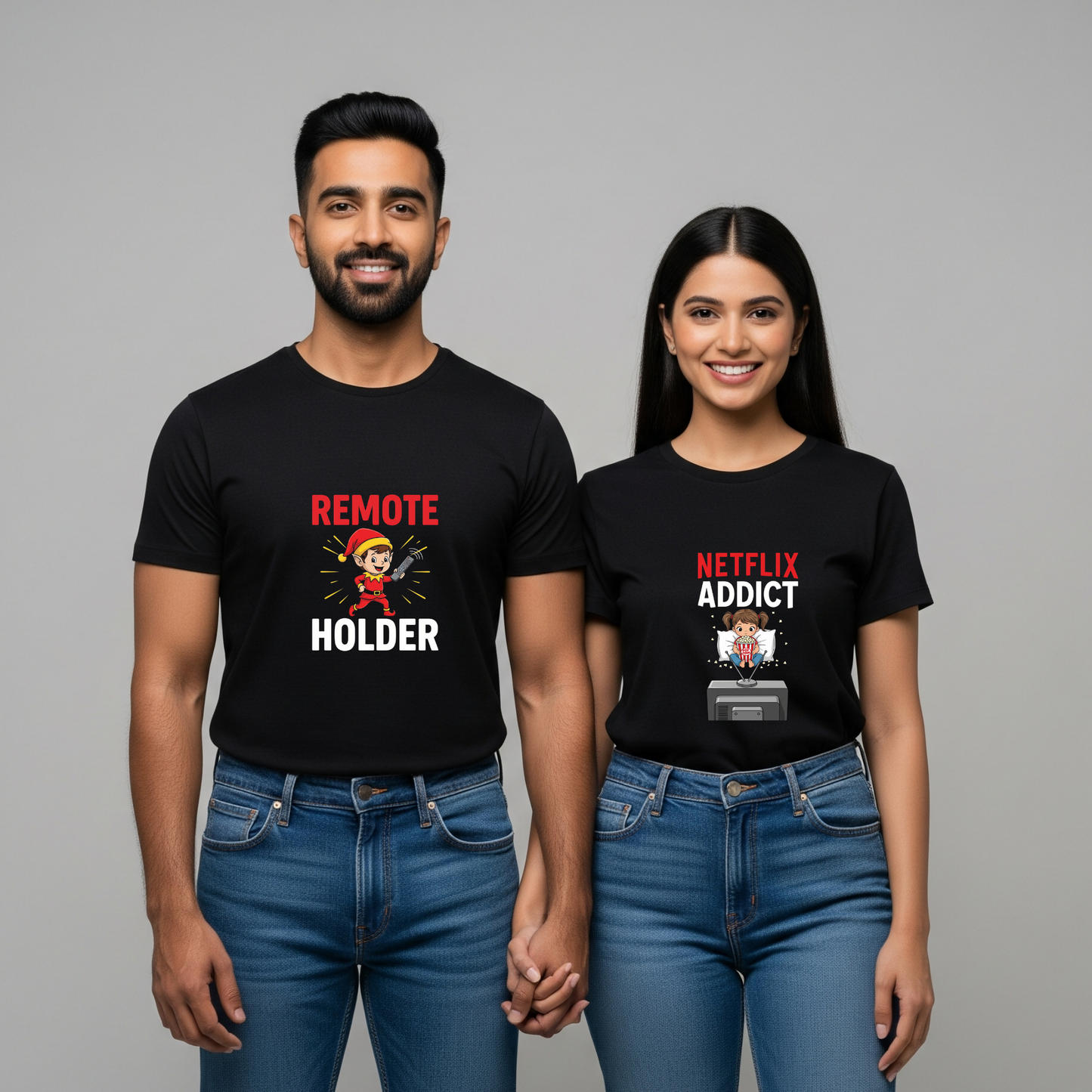 Netflix Addict & Remote Holder T-shirts — Funny Matching Tees for Binge-Watching Couples