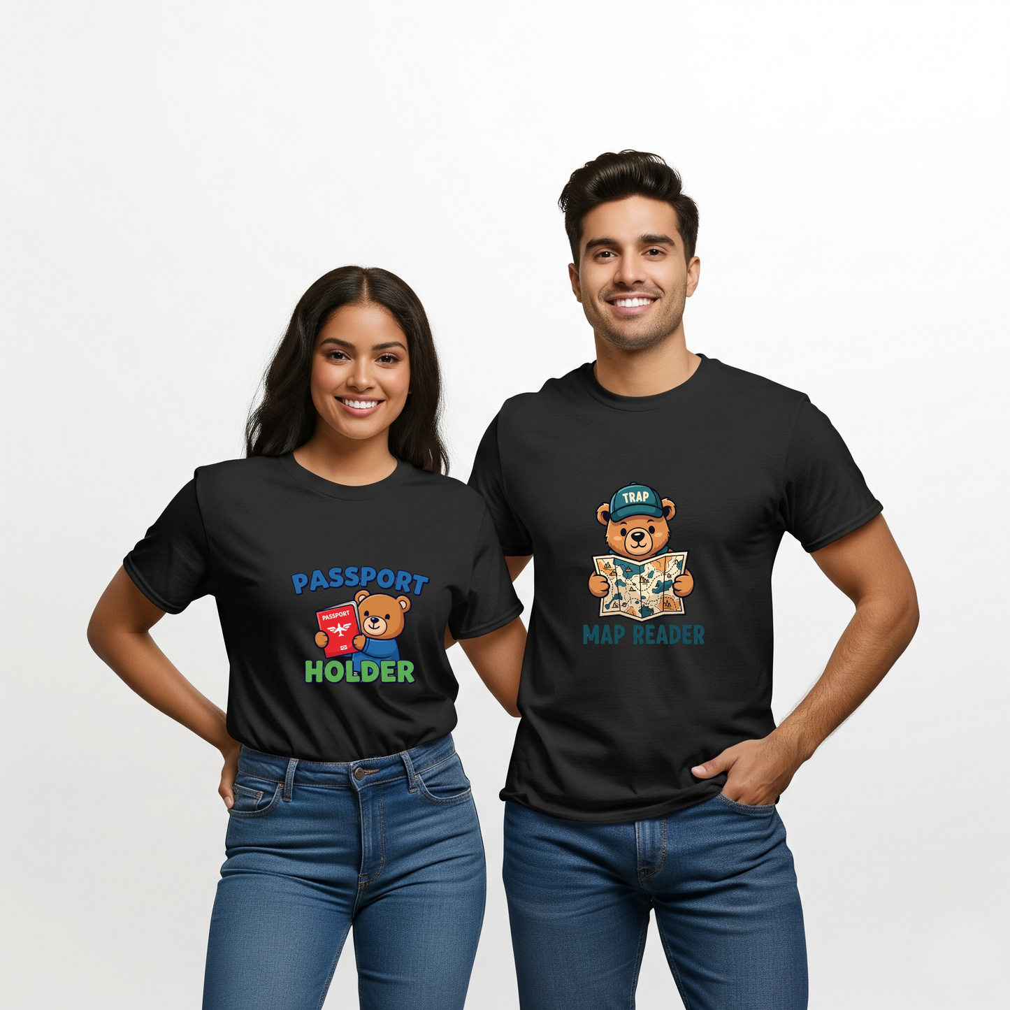 Map Reader & Passport Holder T-shirts — Matching Travel Tees for Wanderlust Couples